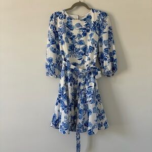 Baltic Born Elena French Blue White Floral Tie Waist Mini Boho Dress S